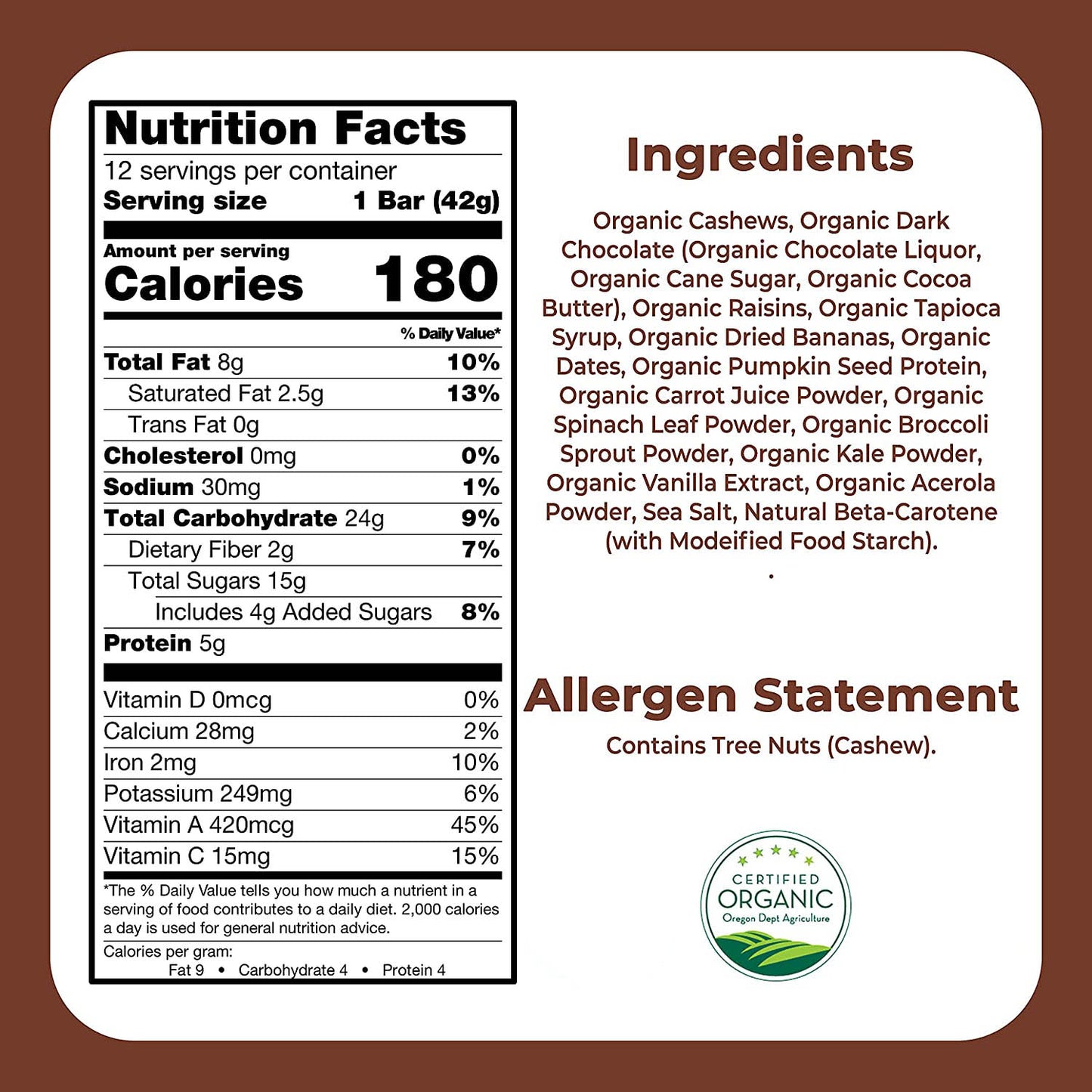 Chocolate Dream Greens Just Great Stuff Bars nutrition